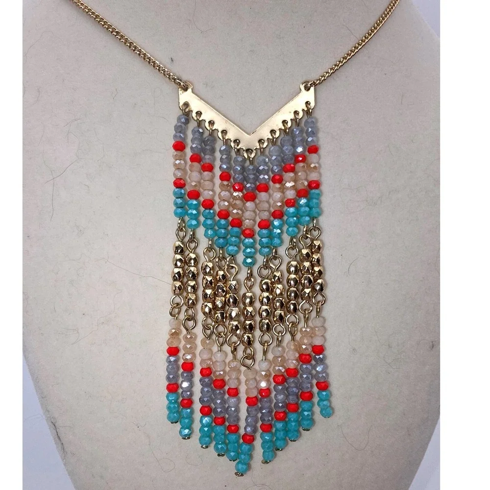 Premier Designs Necklace Gold Turquoise Red Excellent Lively Long Statement